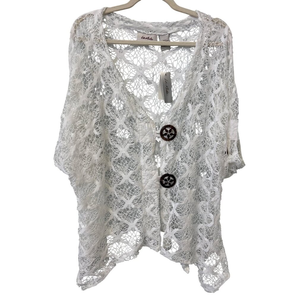 Le Moda Crochet Lace Cover Up Cardigan XL Half Sleeve White Minimalist Beach NEW
